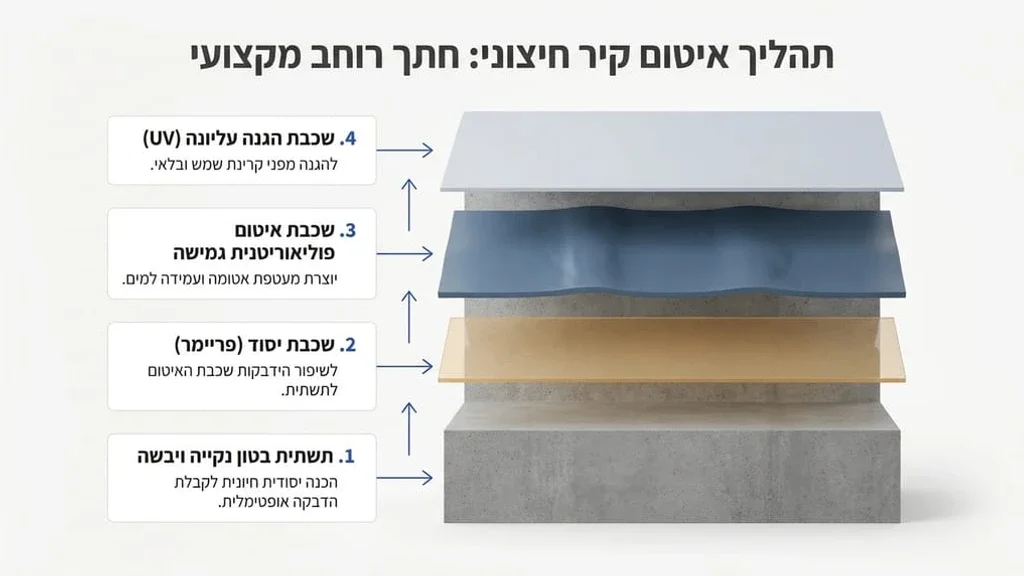 יישום חומר איטום פוליאוריטני על קיר חיצוני