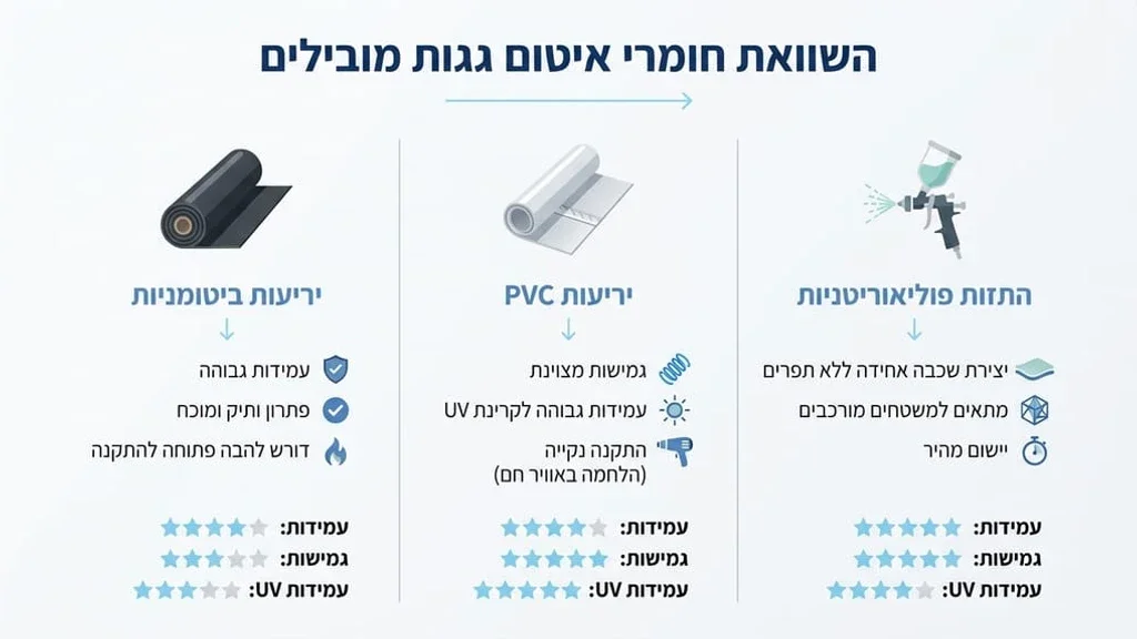 טבלת השוואה או איש מקצוע בוחן חומרי איטום שונים לגג