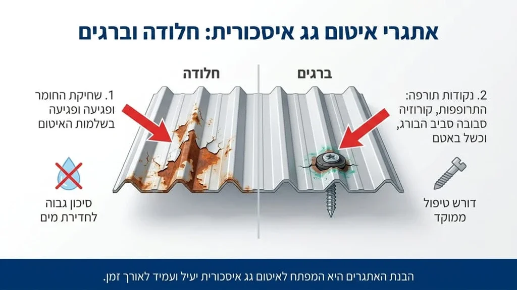 גג איסכורית עם סימני חלודה וברגים לפני תהליך איטום